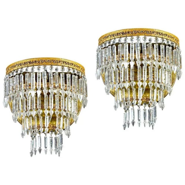 Crystal and Brass Scones or Wall Lights Italy, 1940s, Set of 2 For Sale - Image 15 of 15