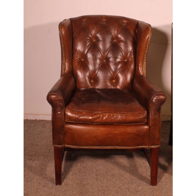 Vintage Wingback Chesterfield Chairs in Brown Leather, 1990s, Set of 2 For Sale - Image 3 of 11