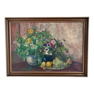 Large Vintage Original Floral Still Life Painting With Fruit For Sale