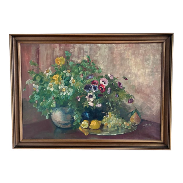 Large Vintage Original Floral Still Life Painting With Fruit For Sale