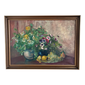 Large Vintage Original Floral Still Life Painting With Fruit
