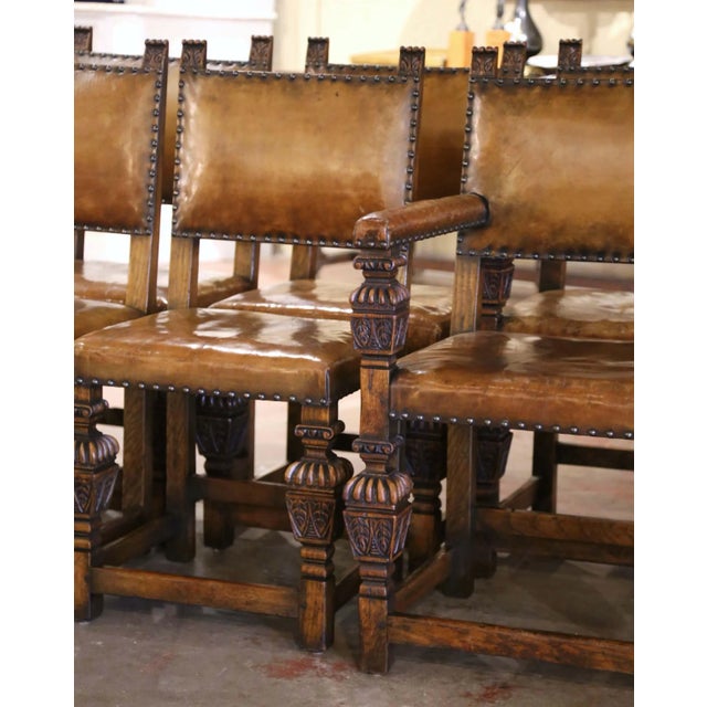 19th Century English Jacobean Oak Dining Chairs With Leather, Set of 8 For Sale In Dallas - Image 6 of 12
