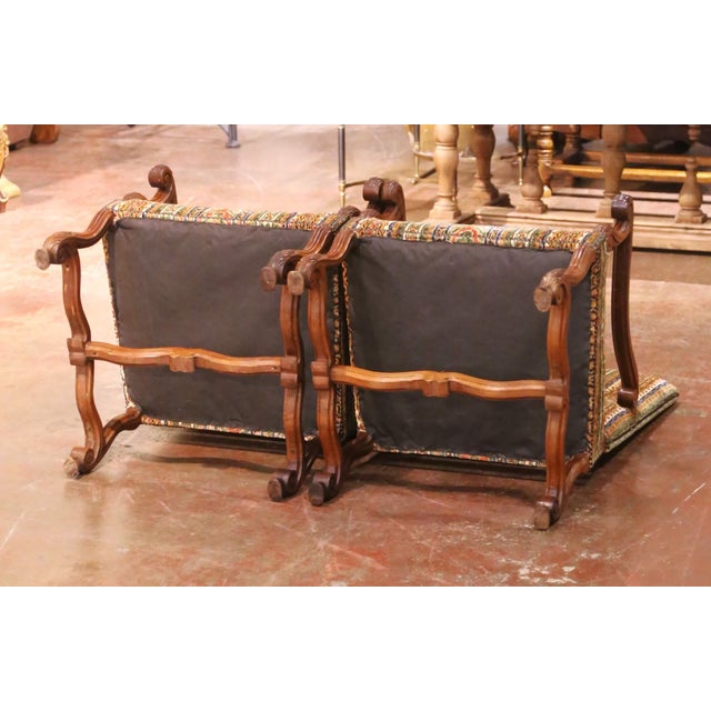 Pair of 19th Century French Louis XIII Walnut Armchairs With Stripe Motifs For Sale - Image 11 of 11
