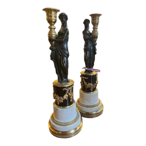 Circa 1800 Pair of Gilt Bronze French Candle Holders (Female on Marble Base)