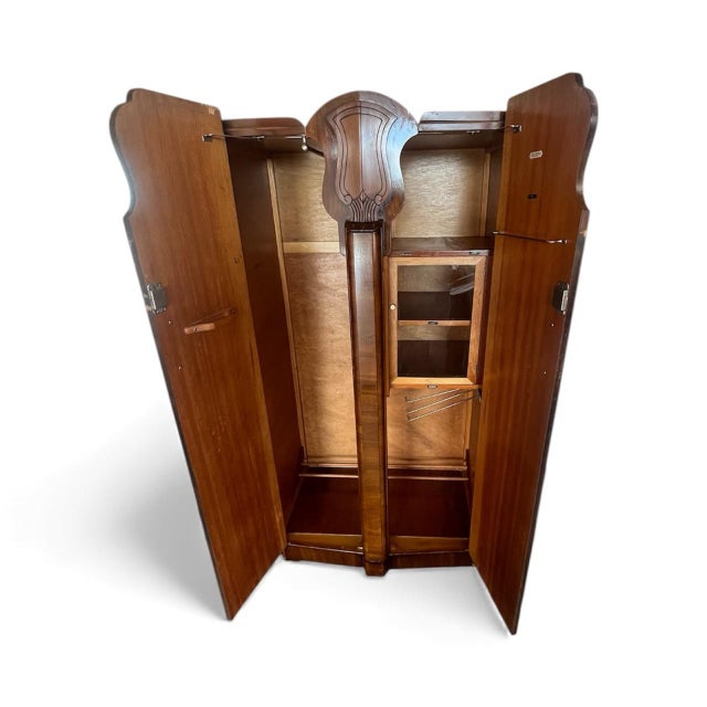 1930s English Art Deco Figured Walnut Armoire / Wardrobe Cabinet For Sale - Image 4 of 10