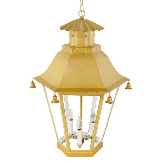 Chinoiserie Vintage Chinoiserie Yellow Tole Hanging Lantern Chandelier With Brass Bells For Sale - Image 3 of 13