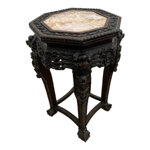 Antique Plant Stand Table, Hand Carved Floral Lattice, Marble Top, Dark Mahogany