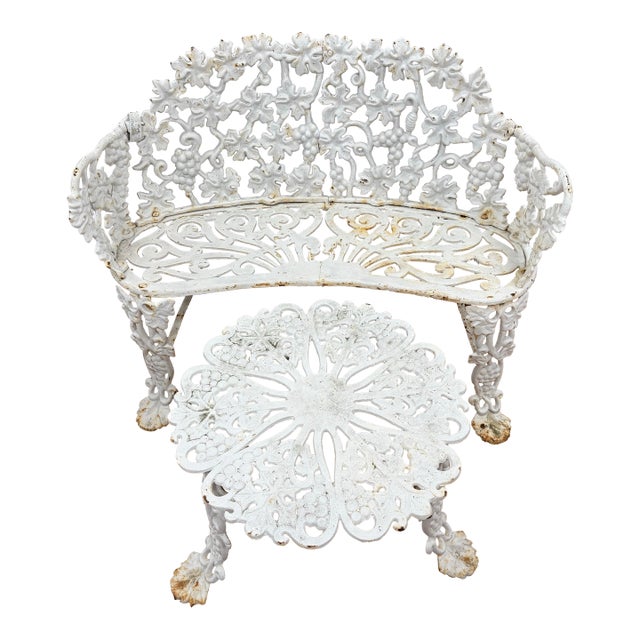 White Cast Iron Grapevine Bench and Table Set For Sale
