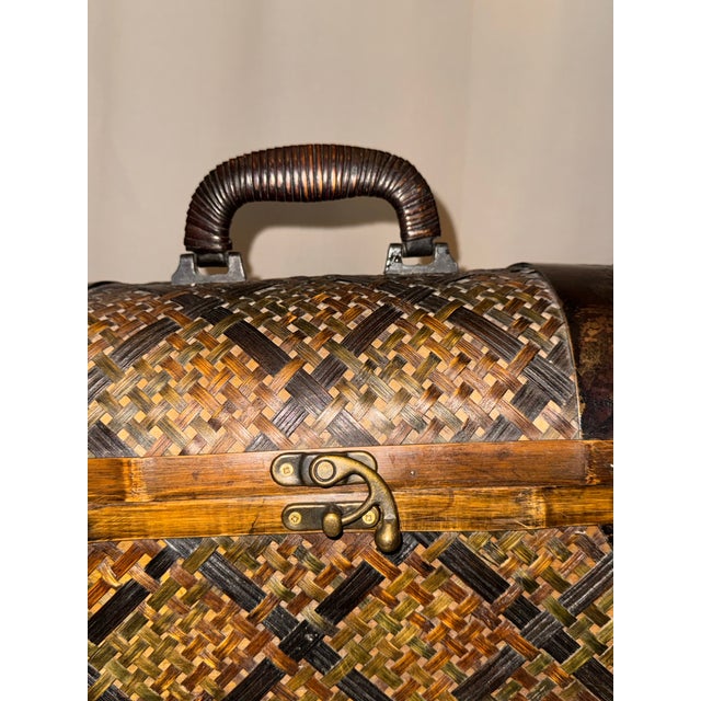 Contemporary Vintage Boho Chic Woven Bamboo and Mixed Wood Domed Keeper Box Trunk For Sale - Image 3 of 12