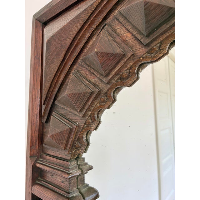 Antique Spanish Revival Oak Wall Mirror With Geometric Carving For Sale - Image 4 of 11