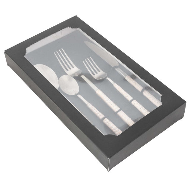 Boho Chic Artifacts Rattan Stainless Steel Cutlery with Gift Box in White - Set of 5 For Sale - Image 3 of 4