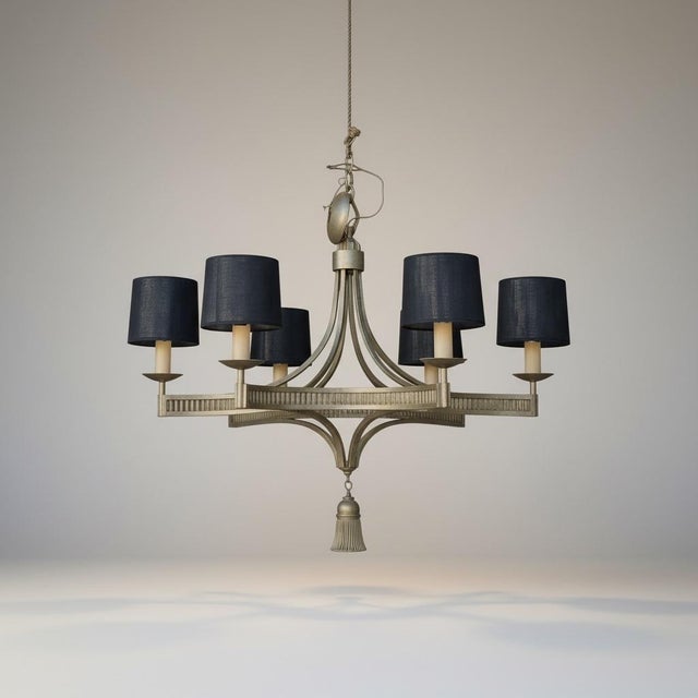 Wood 1980s Modern Hollywood Regency Style Gilt Metal 6 Arm Chandelier With Giltwood Tassel For Sale - Image 7 of 7