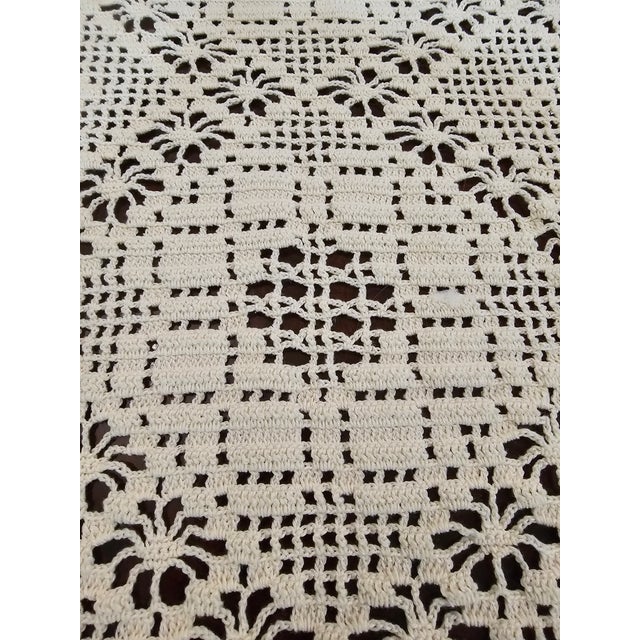 Vintage Handmade Ivory Cotton Filet Crochet Tablecloth – Floral Diamond Pattern – 92" × 45" For Sale - Image 4 of 4