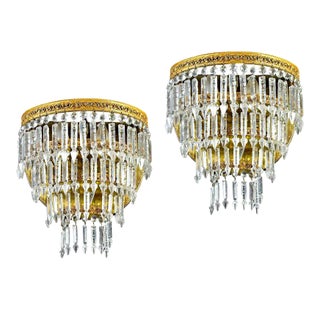 Crystal and Brass Sconces or Wall Lights, Italy, 1940s, Set of 2 For Sale