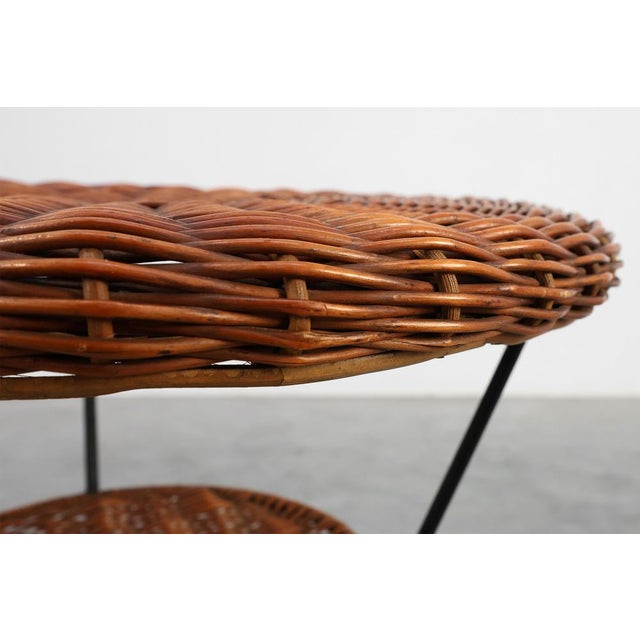 Wood Mid-Century Woven Rattan, Wicker and Iron Two-Tier Round Coffee Table, Italy, 1960s For Sale - Image 7 of 13