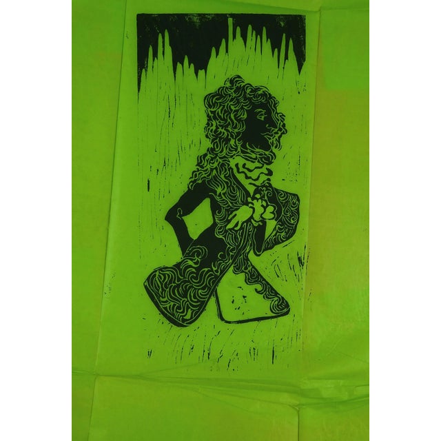 Vintage mid 20th century Linoblock print on green tissue paper of Louis XIV style costume. Unsigned, image size 7"L x...