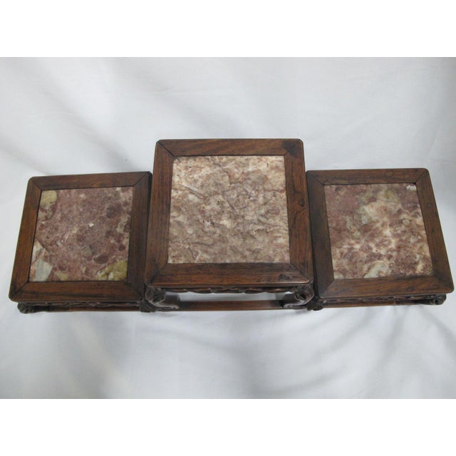 Chinese Antique Chinese Marble Inset Carved Wood 3 Step Tier Scholar Display Stand For Sale - Image 3 of 14