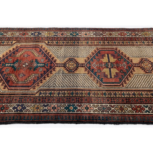 Vintage Hand-Knotted Kurdish Long Runner Rug With Diamond Medallions in Terracotta, Camel, and Indigo For Sale - Image 4 of 9