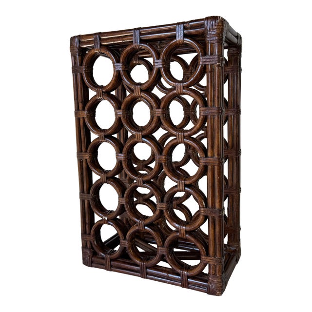 Vintage Rattan and Leather Wine Rack for 15 Bottles For Sale