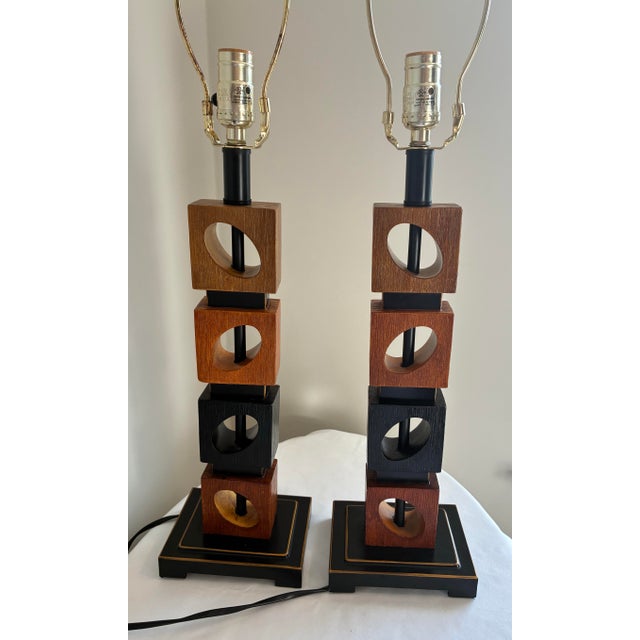 Wood Mid-Century Modern Stacked Geometric Wooden Cube Table Lamps - Pair For Sale - Image 7 of 12