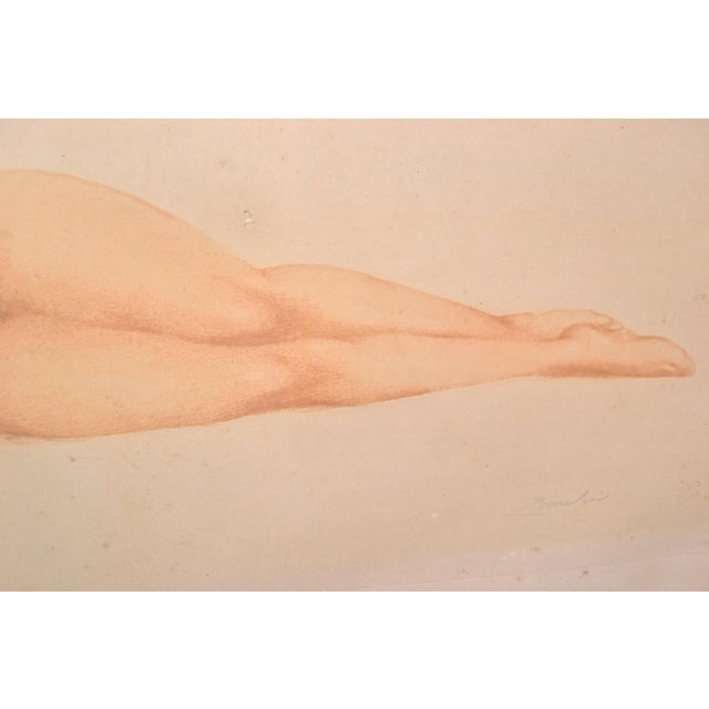 Glass Signed by Artist French Midcentury Framed Glass Oil Painting Resting Nude Woman For Sale - Image 7 of 13