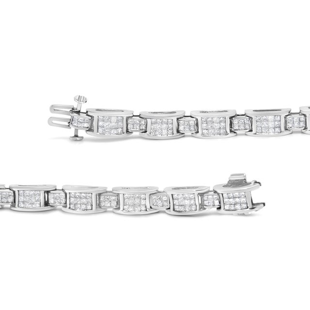 Haus of Brilliance 14K White Gold 5.0 Cttw Princess Cut Diamond Invisible Set Alternating Size D Shaped Links Tennis Br For Sale - Image 4 of 7
