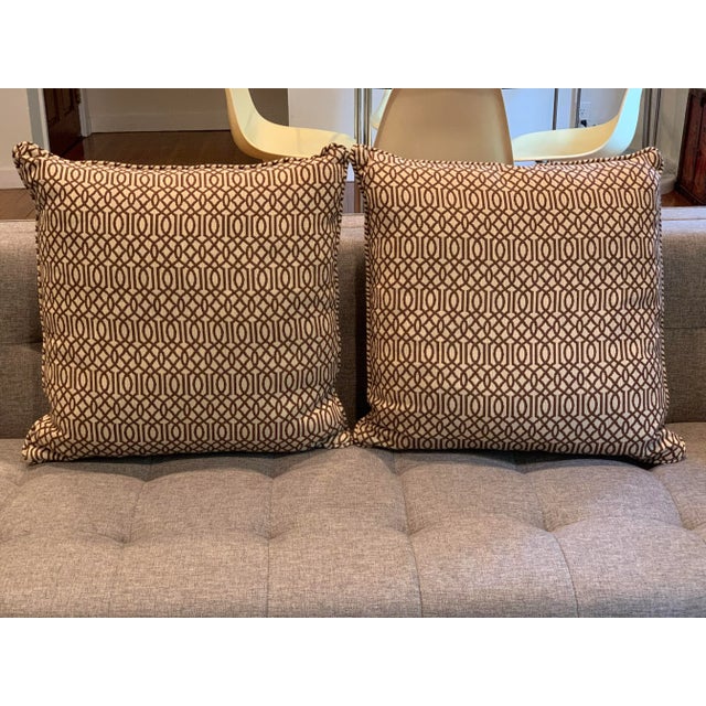 Contemporary Chocolate Brown and Cream Square Pillows- a Pair For Sale - Image 4 of 4