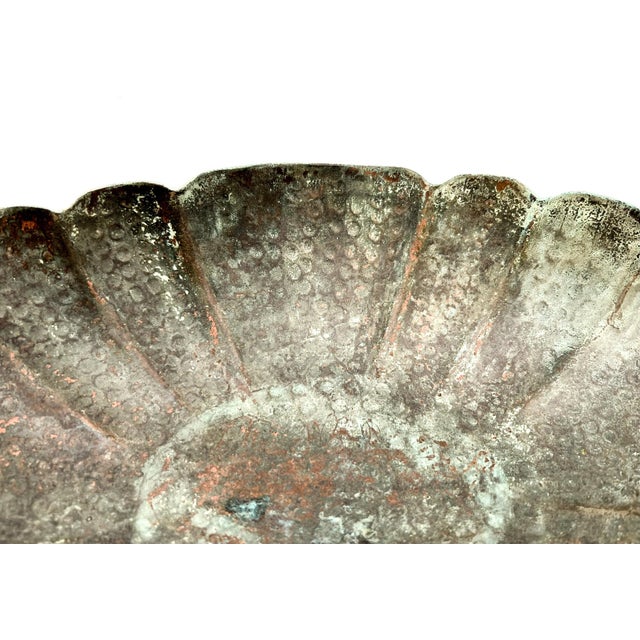 Vintage Verdigris Brass Scalloped Centerpiece Bowl With Scroll Handles - Neoclassical, Traditional, Classical For Sale - Image 9 of 12