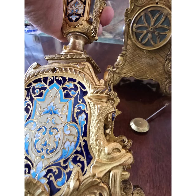 Antique Faberge Style Bronze Enamel Dolphin Clock Set For Sale - Image 15 of 18