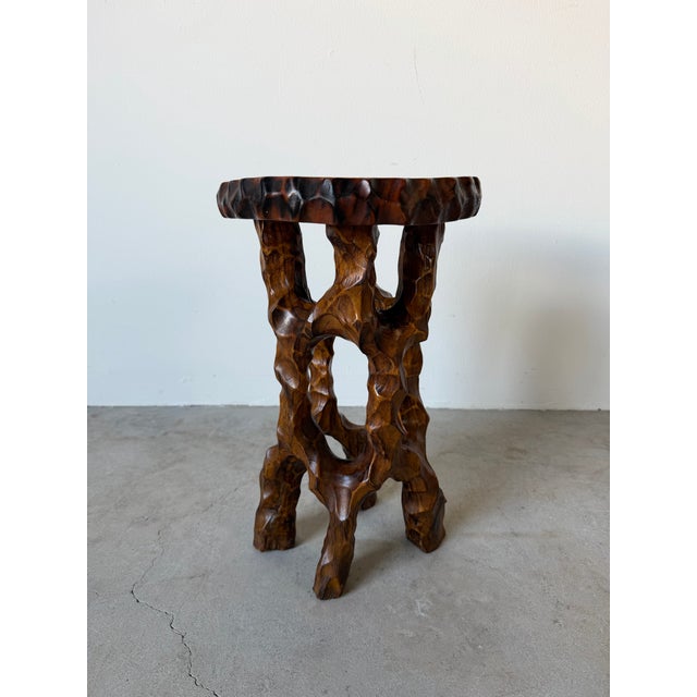 Mid-Century Modern Vintage Organic Hand-Carved Mahogany Wood Plant Stand / Pedestal Table For Sale - Image 3 of 12