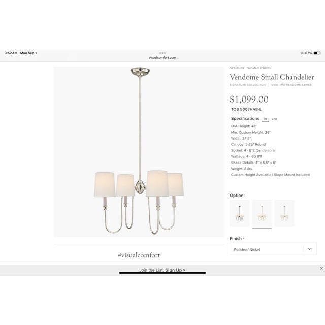 Small chandelier with shades. Wattage 4-60 B11 canopy 5.25 round. Visual comfort polished nickel with linen shades.