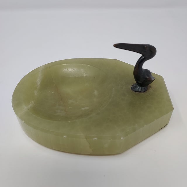 Mid-Century Modern Mid 20th Century Onyx Trinket Holder With Bronze Pelican Figure Green Stone For Sale - Image 3 of 7