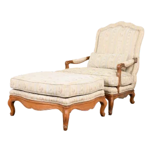 Baker Furniture French Provincial Louis XV Oversized Fauteuil and Ottoman