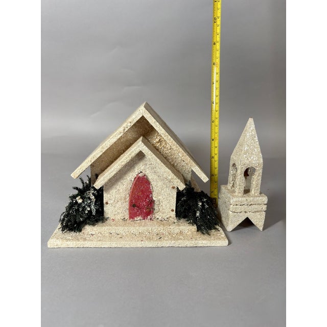 White Vintage Mica Putz Christmas Church Music Box With Bottle Brush Trees, C. 1940s–1950s For Sale - Image 8 of 11