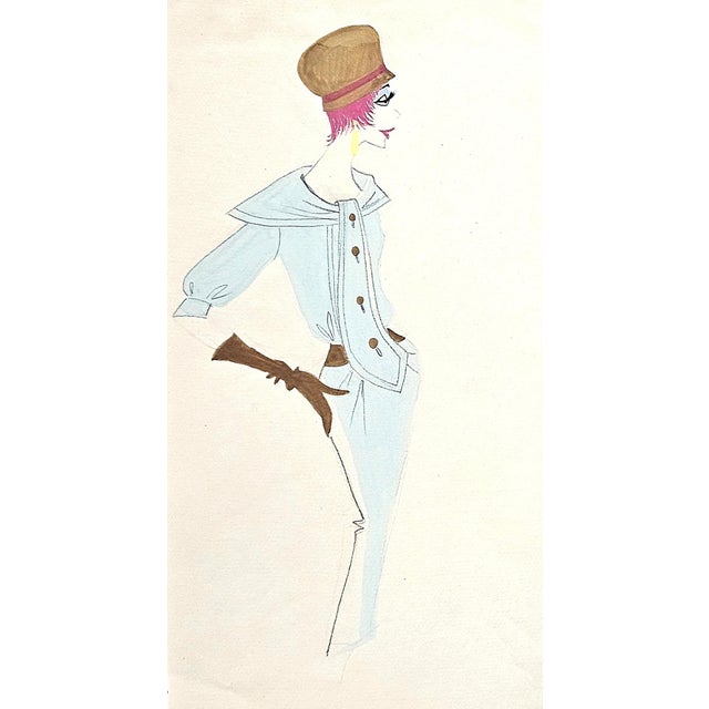 This is a set of 3 original French Mid-Century fashion drawings known as "personages", characters with style. They date to...