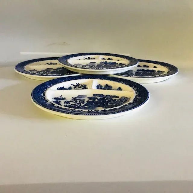 1940's set of 4 blue and white blue willow sectional grill plates 9.5"D, makers mark reads" Made in Occupied Japan,...