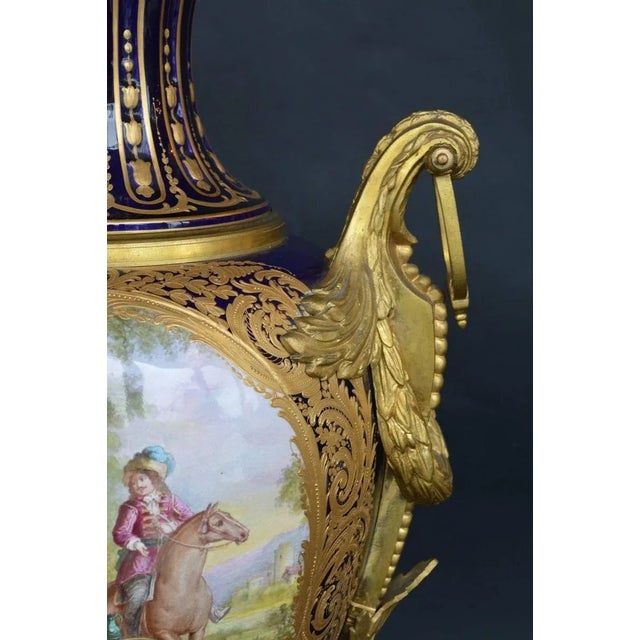 Late 19th Century Oversized French Blue Royal Hand-Painted Sevres Lidded Vase For Sale - Image 4 of 11