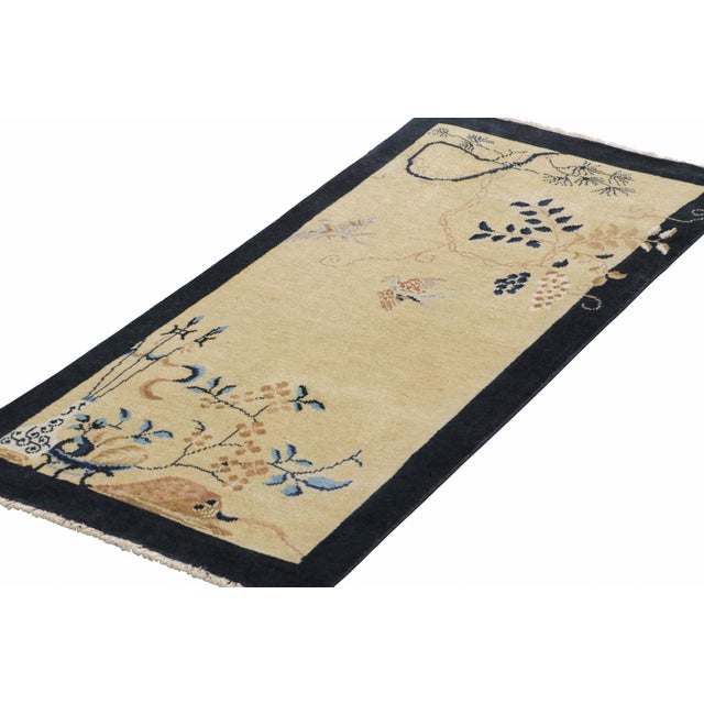 Rug & Kilim Rug & Kilim’s Chinese Art Deco Style Rug, Florals in Cream Field and Blue Border For Sale - Image 4 of 5