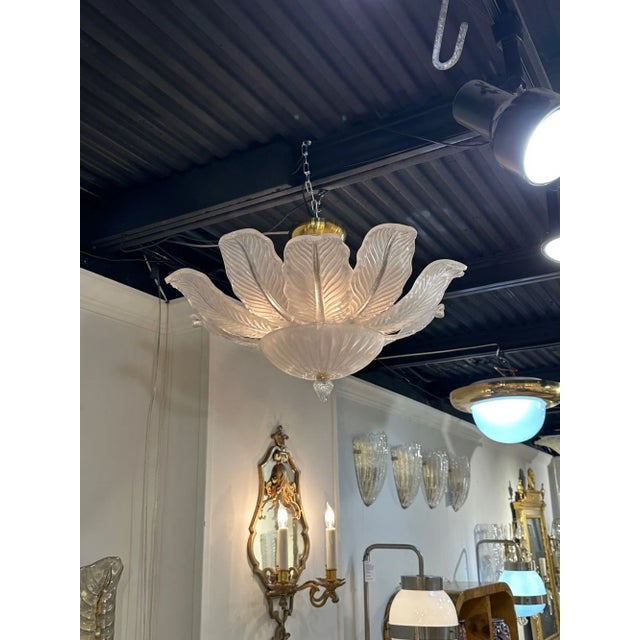 Modern Murano frost glass palm leaf flush mount chandelier. Circa 2000. The chandelier has been professionally re-wired,...