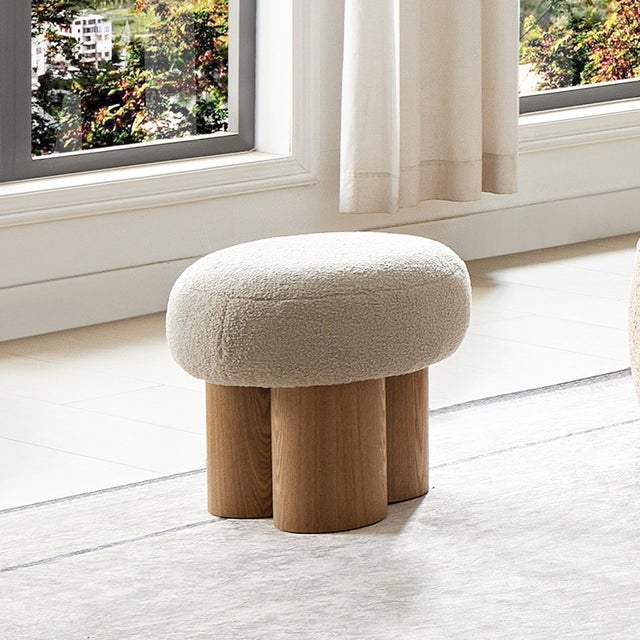 Modern Boucle Greige Ottoman With Solid Wood Legs - Brand New For Sale - Image 9 of 12