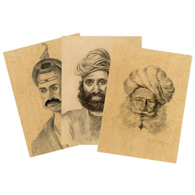 Beige Prakash Hari Sonawane, Three Portraits: Baji Rao I, Roop Singh & Charan Singh, Charcoal For Sale - Image 8 of 8
