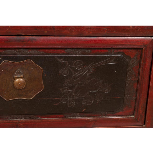 Antique Chinese Red and Black Lacquered Three-Section Chest with Carved Figures For Sale - Image 4 of 13