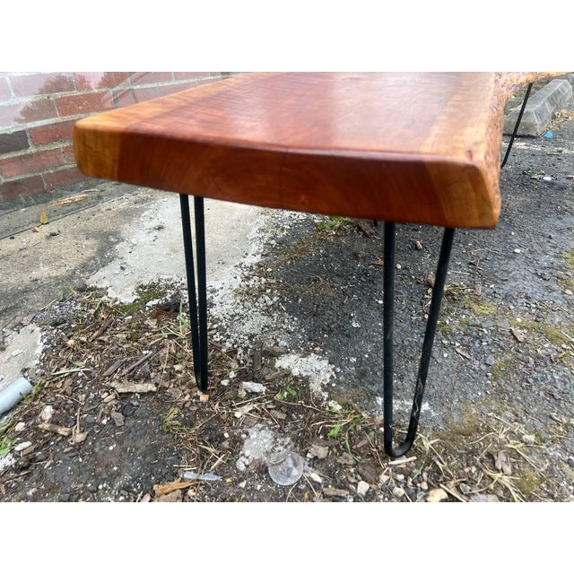 Late 20th Century Rustic Style Live Edge Slab Wood Top Coffee Table/ Bench With Iron Hairpin Legs For Sale - Image 15 of 18