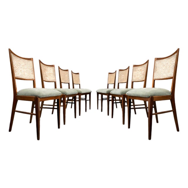 Set of Eight Brazilian Modern Dining Chairs in Caviúna, Cane & Sage Chenille, 1960s For Sale