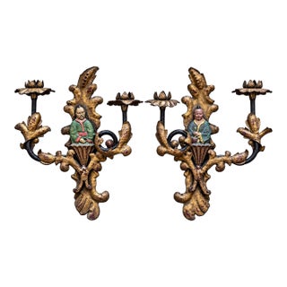 Pair of Vintage Chinoiserie Figural Gilt Metal Candle Wall Sconces For Sale