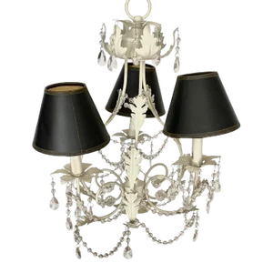 Vintage Italian Hollywood Regency Style Tole Peinte Three-Arms Chandelier With Prisms and Shades