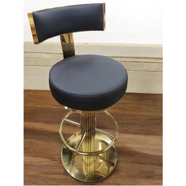 Modern Modern Black Genuine Leather & Gold Stainless Steel Adjustable Swivel Bar Stool For Sale - Image 3 of 3
