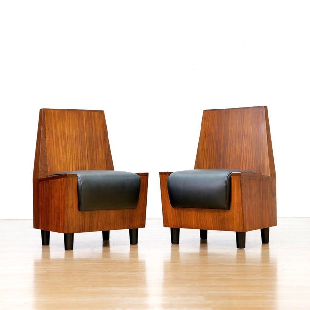 A very rare set of six British postmodern dining chairs showcasing bold brutalist-inspired architectural forms in richly...
