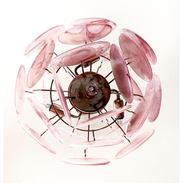 Metal Vintage Italian Murano Chandelier with 24 Pink Disks, 1978 For Sale - Image 7 of 17