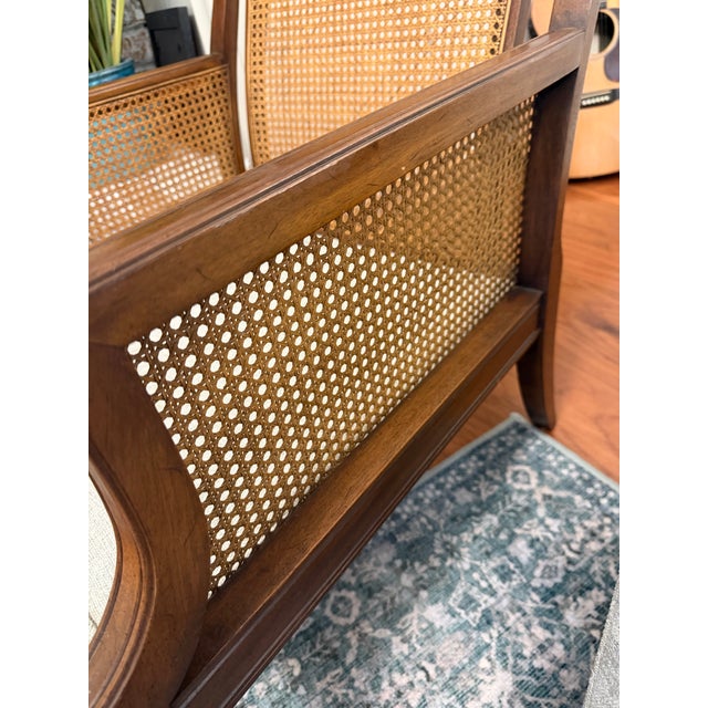 Drexel Heritage Vintage Drexel Heritage Lineage Collection Cane Lounge Chair With New Neutral Upholstery For Sale - Image 4 of 9